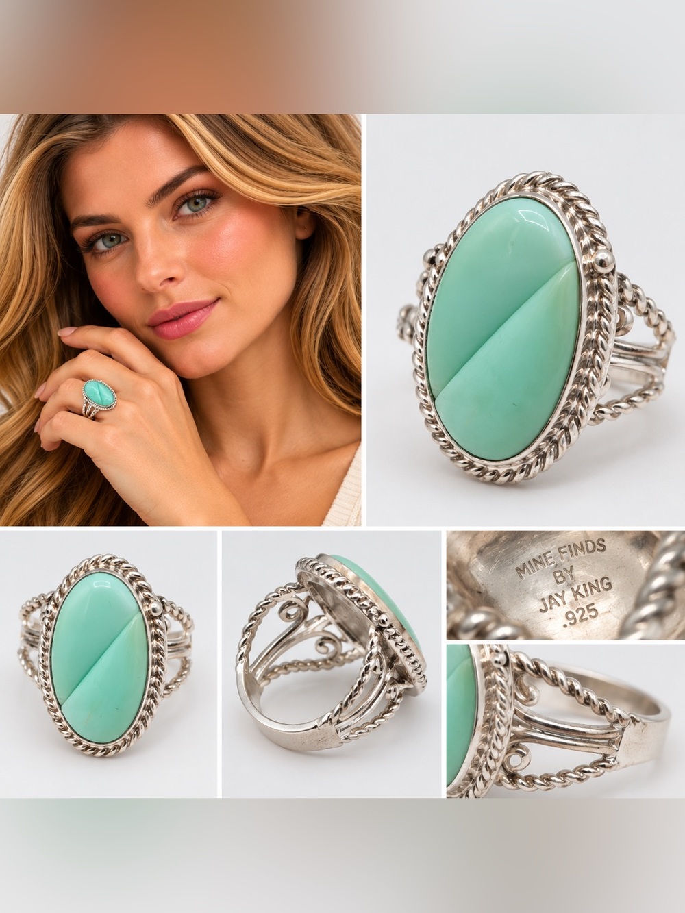 Mine Finds by Jay King .925 Sterling Silver Oval Aqua Green Stone Ring Size 9